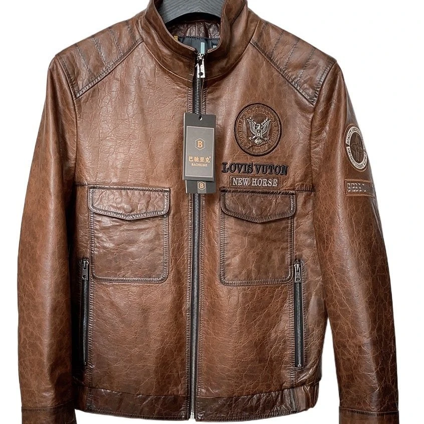 巴驰里克复古牛皮油蜡重工空军服皮夹克棕色真皮夹克男款时尚夹克