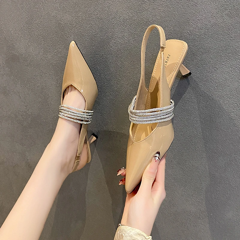 5196【4厘米】包头凉鞋女夏季外穿时尚水钻气质百搭尖头细跟高跟鞋