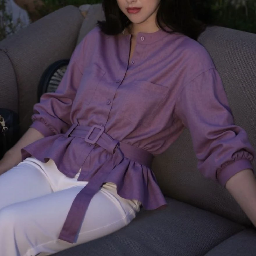 【城市假日】气质设计感长袖高级感亚麻系腰衬衫SY1424