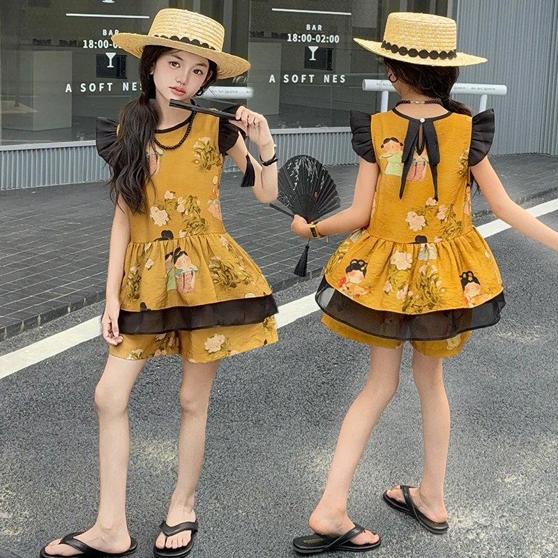 女童夏季中国风宫廷风时尚套装2025新款上衣无袖碎花文艺复兴风