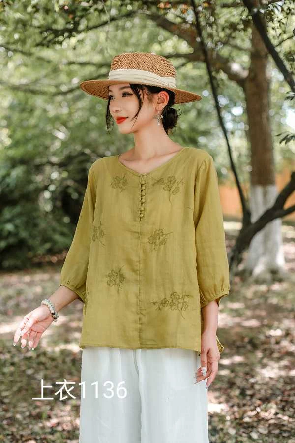 新中式宽松苎麻小衫刺绣圆领夏季短袖上衣1136 肩40胸110长55
