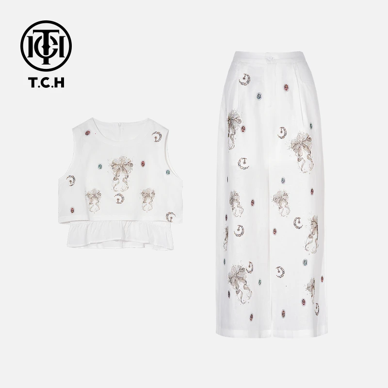 TCH私服烫钻工艺时尚休闲气质蝴蝶结套装女T75B07E1043轻奢tch