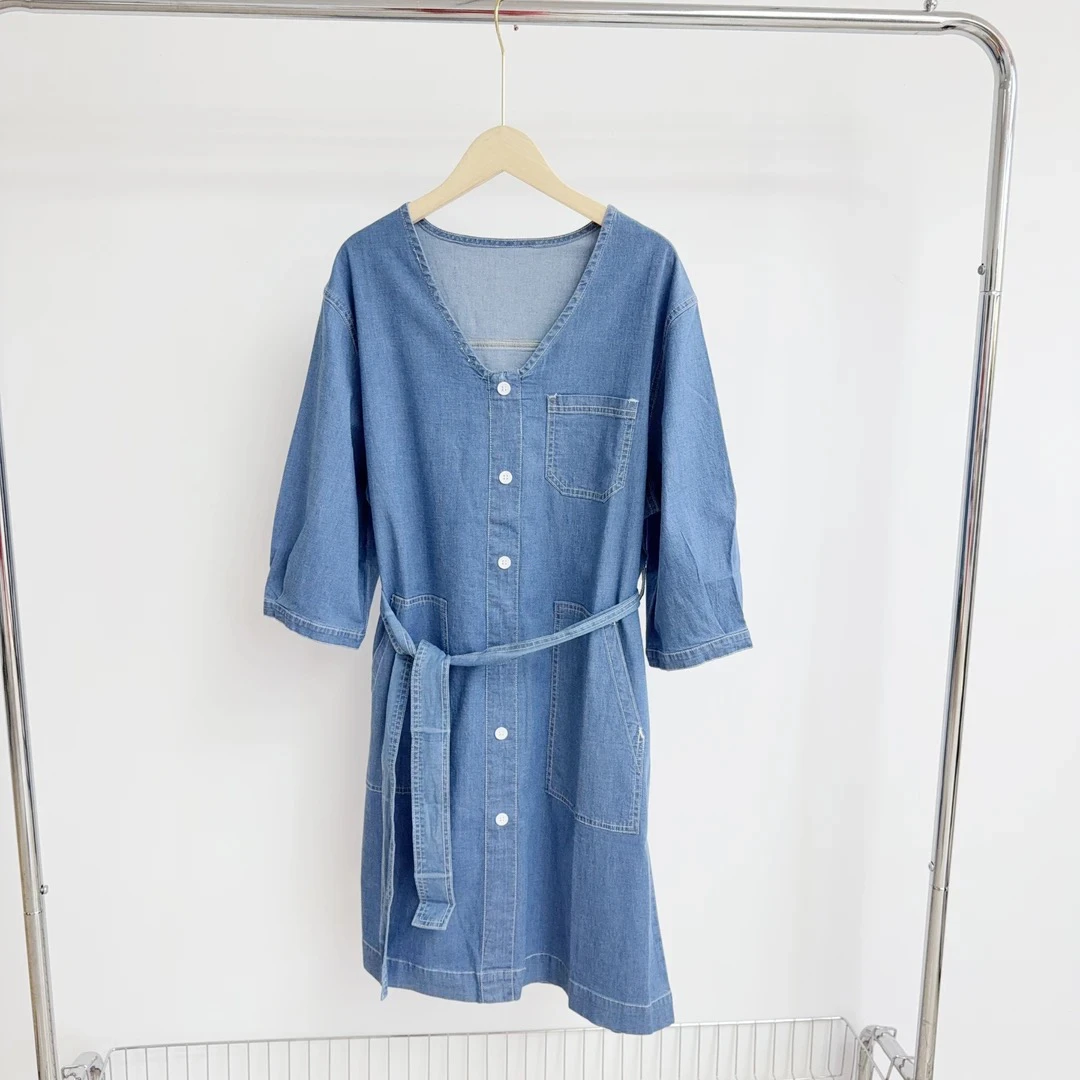 Z-16 V领薄棉质休闲牛仔连衣裙