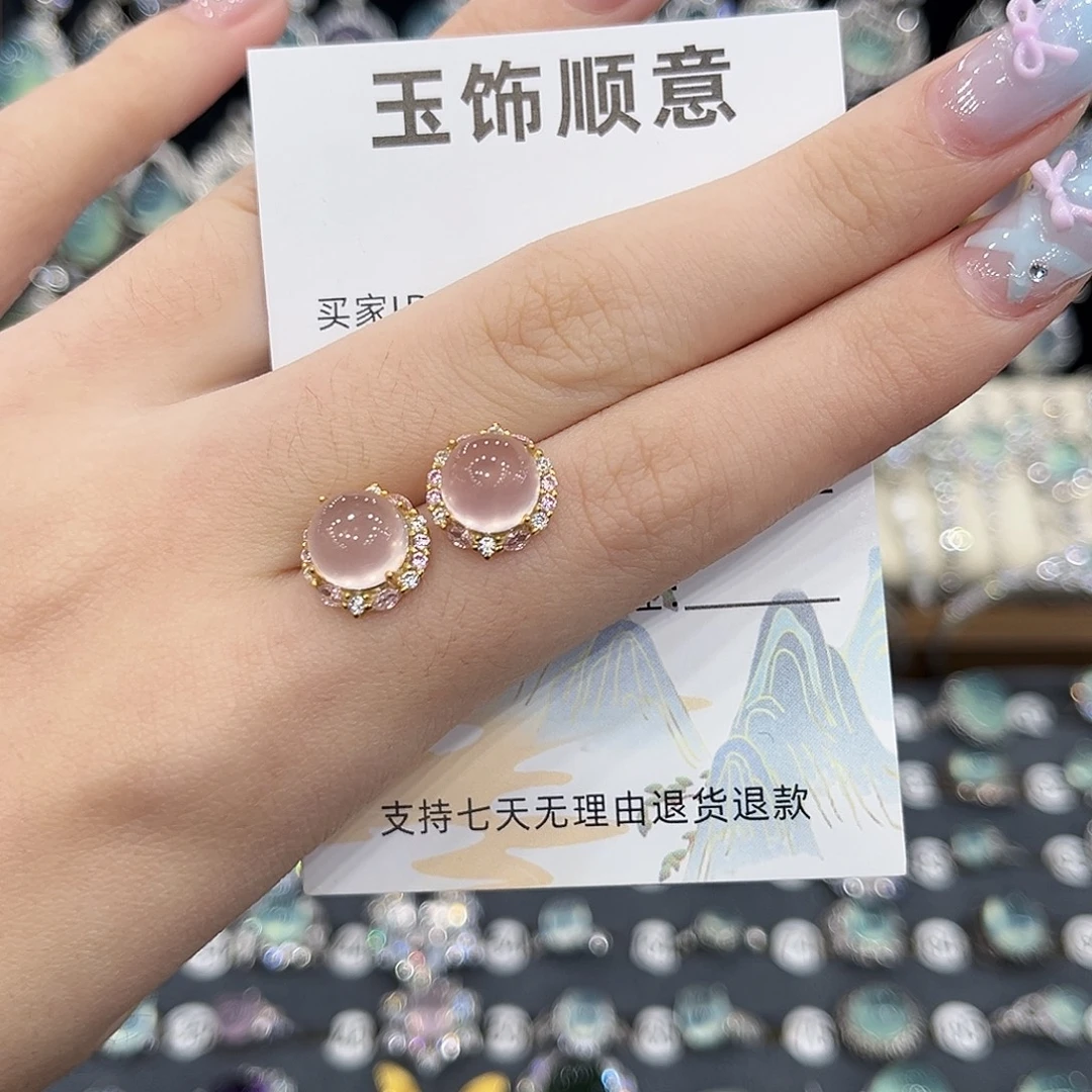 一****耳钉银S925镶嵌芙蓉石