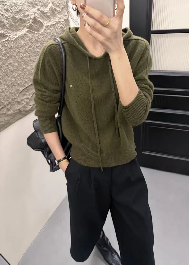 8989-3822 长袖纯色落肩袖宽松连帽针织衫