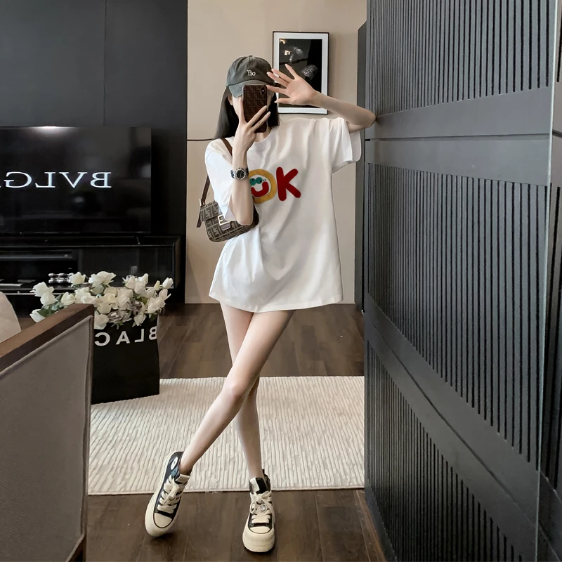 白色重工刺绣t恤短袖女款爆款2025新款甜美可爱风格衣服宽松上衣