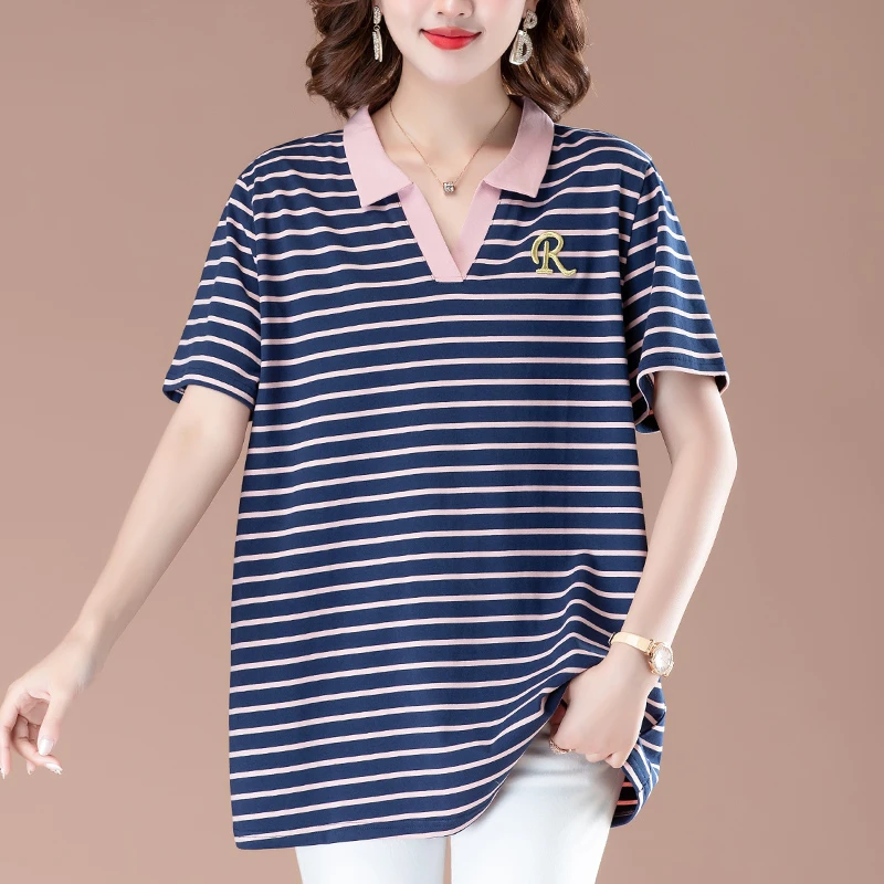polo领t恤女条纹短袖纯棉妈妈夏装200斤大码宽松遮肚子中长款上衣