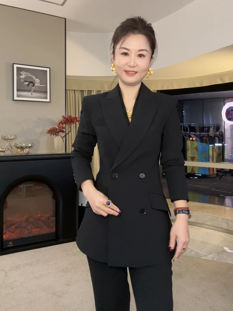 【英品】黑色双排扣西装-裤子套装气质修身显瘦设计感套装C13309