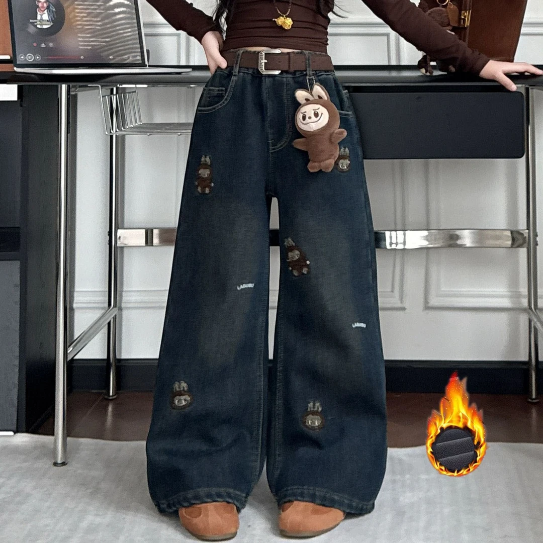 女童秋冬款加绒裤子2025儿童冬季卡通牛仔裤套装中大童加厚阔腿裤