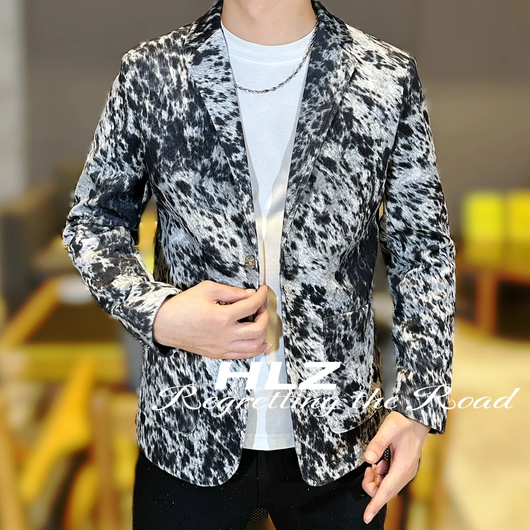 2025男士秋季新款小佛爷轻奢时尚休闲个性图案修身长袖西装外套