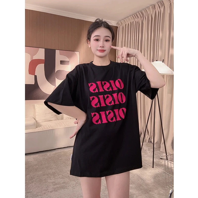 红色英文字母T恤女2025夏季新款宽松遮屁股大版时尚休闲百搭