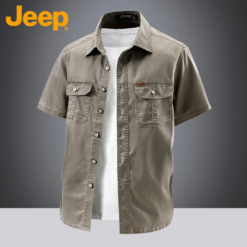JEEP吉普新款工装短袖衬衫男夏季薄款莱赛尔柔软抗皱免烫宽松衬衣
