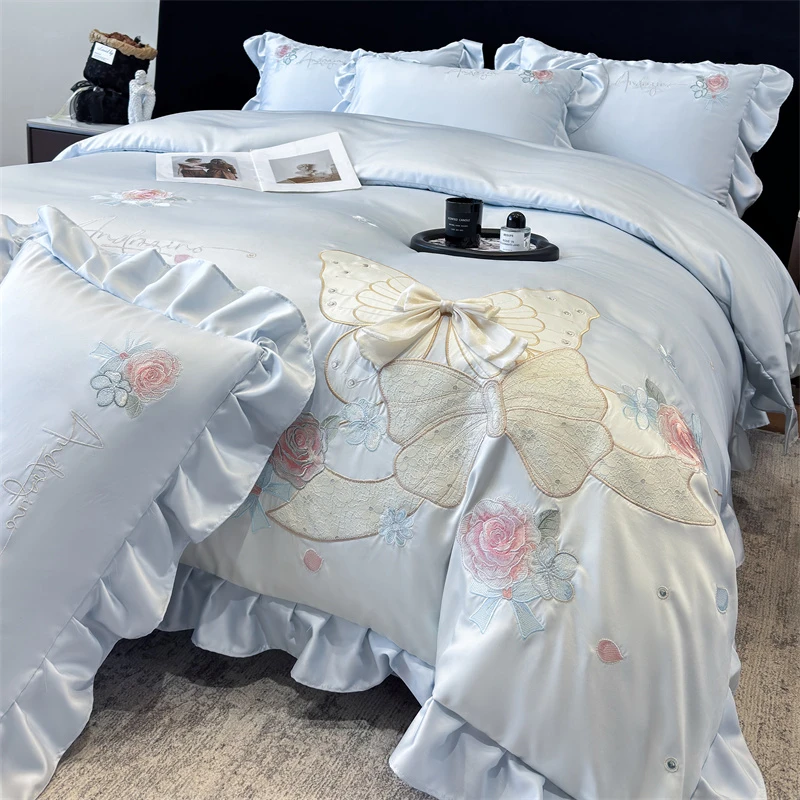 韩版莱赛尔兰精天丝刺绣夏被四件套496浪漫蝴蝶结-蓝YB