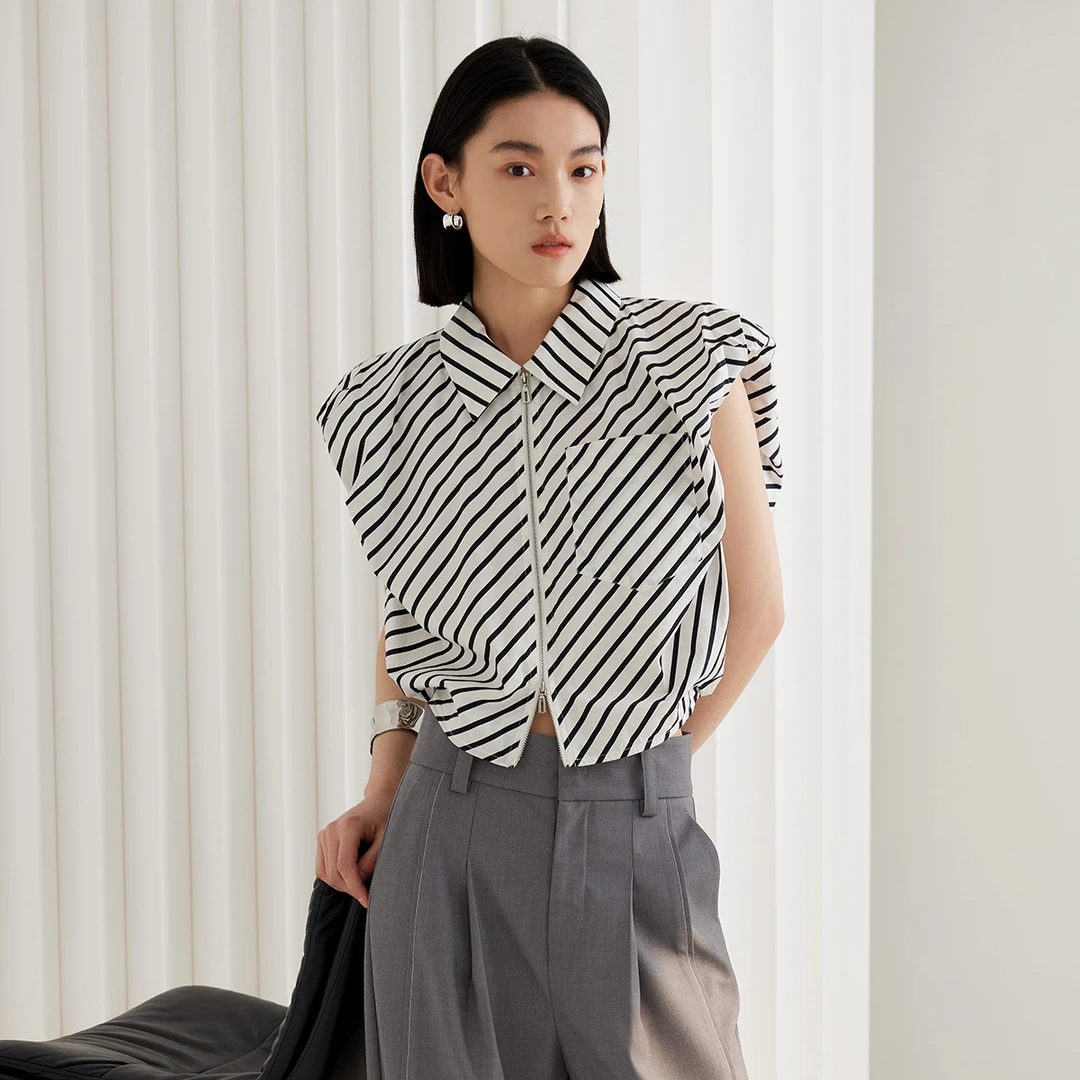 【达人专属】2025夏季商场同款立体无袖女士条纹拉链衬衫G366903