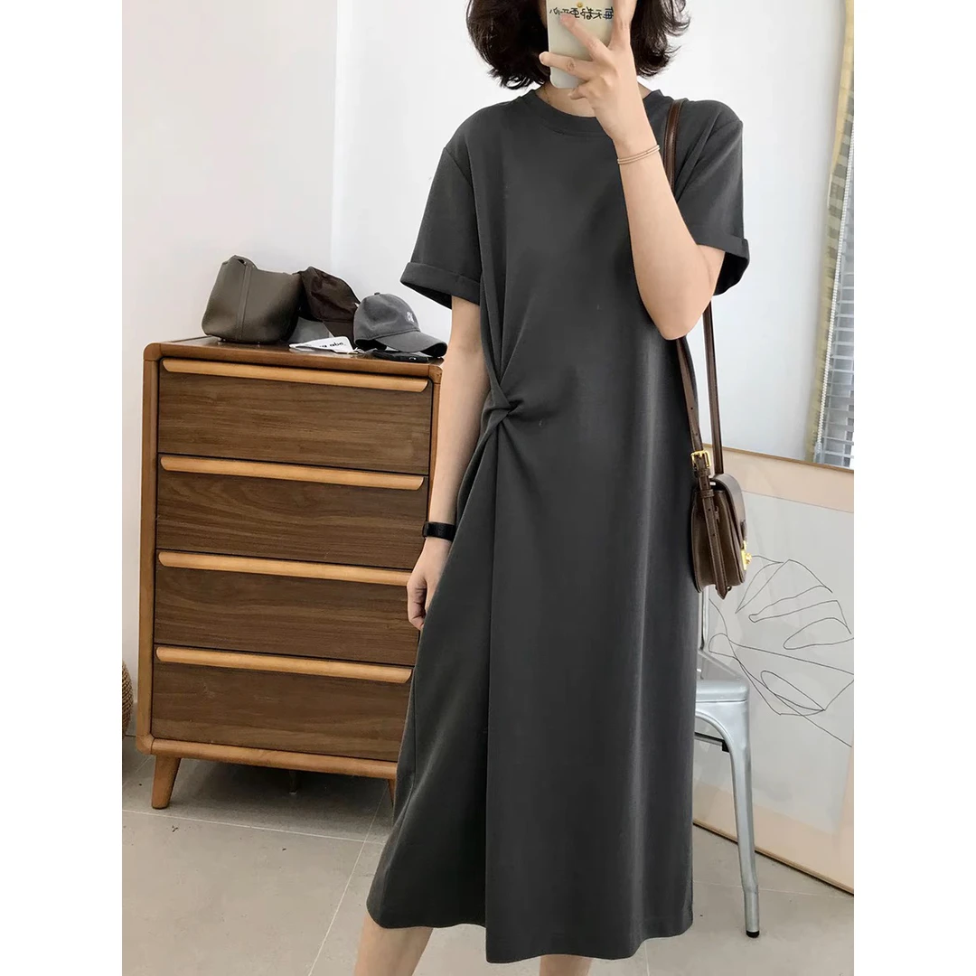 显瘦版型！侧边打褶短袖连衣裙女2025新款夏季韩版纯色中长款裙子