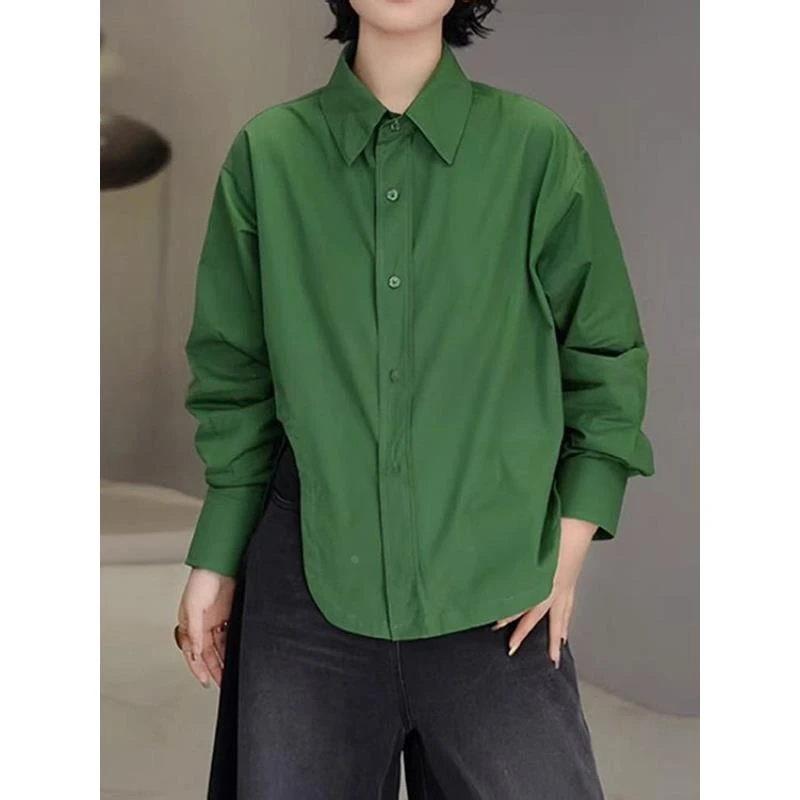 时尚大码法式上衣女士2025年早秋季宽松单排扣下摆不规则长袖衬衫