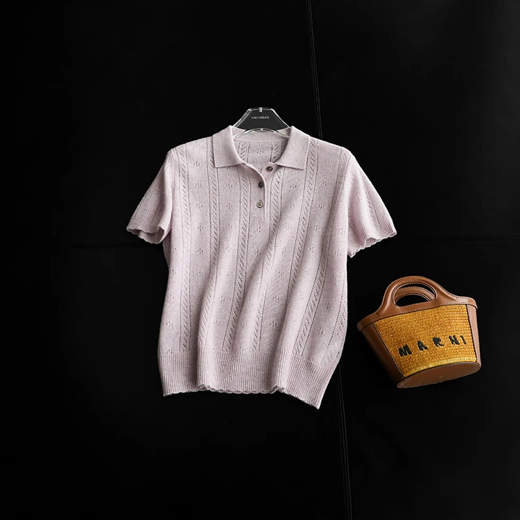 轻软暖 重工镂空翻领短袖直筒针织衫毛衣女秋冬新