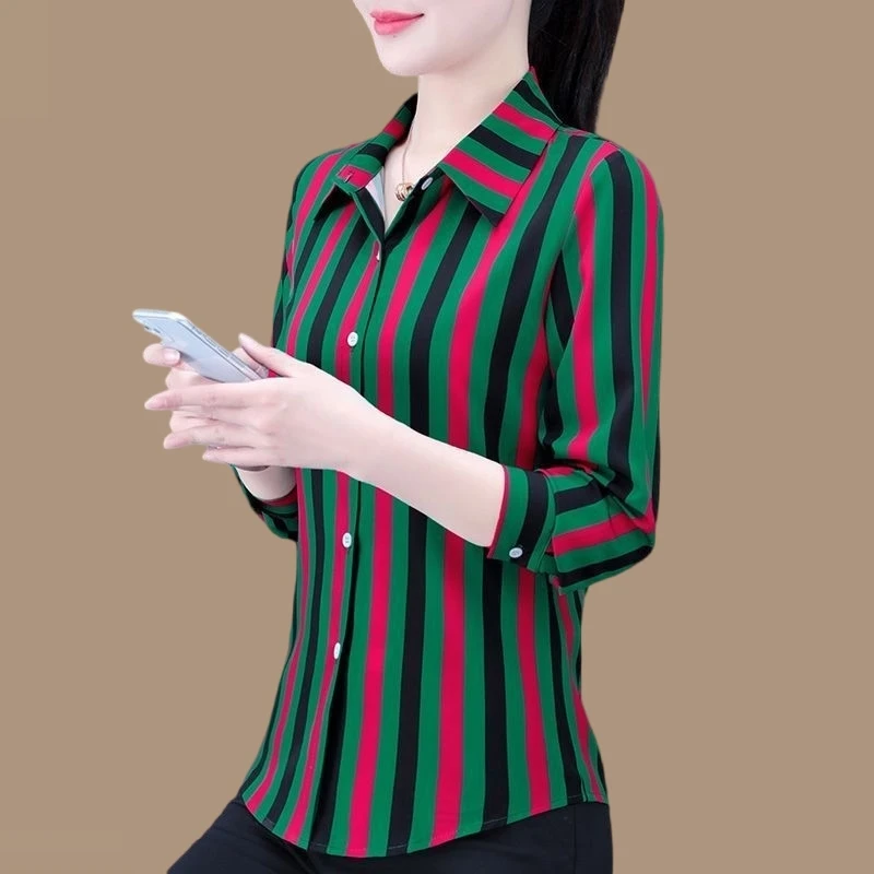 衬衫显瘦气质衬衣长袖洋气打底条纹韩版春秋时尚休闲百搭夏季宽松