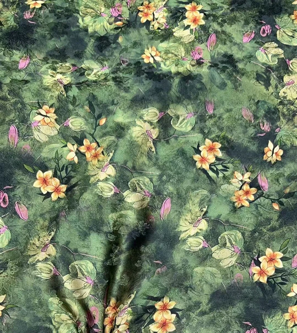 绿底黄粉花  链接 布头 高清数码印花