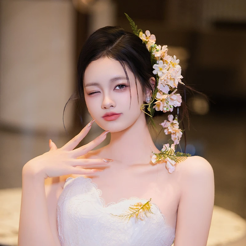 非金属布艺婚庆饰品 新娘结婚森系手工粉色仿真花朵超仙发饰23541