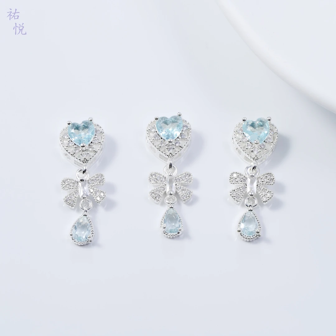 (洁雨饰品 DIY) P799 “心有所属” 银蓝爱心水滴蝴蝶结挂坠diy