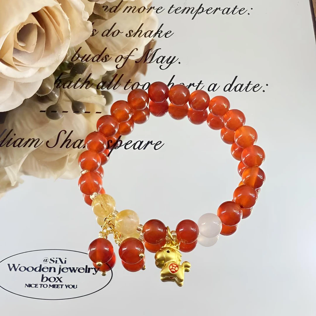 天然红玛瑙配小马吊坠新年手串-718