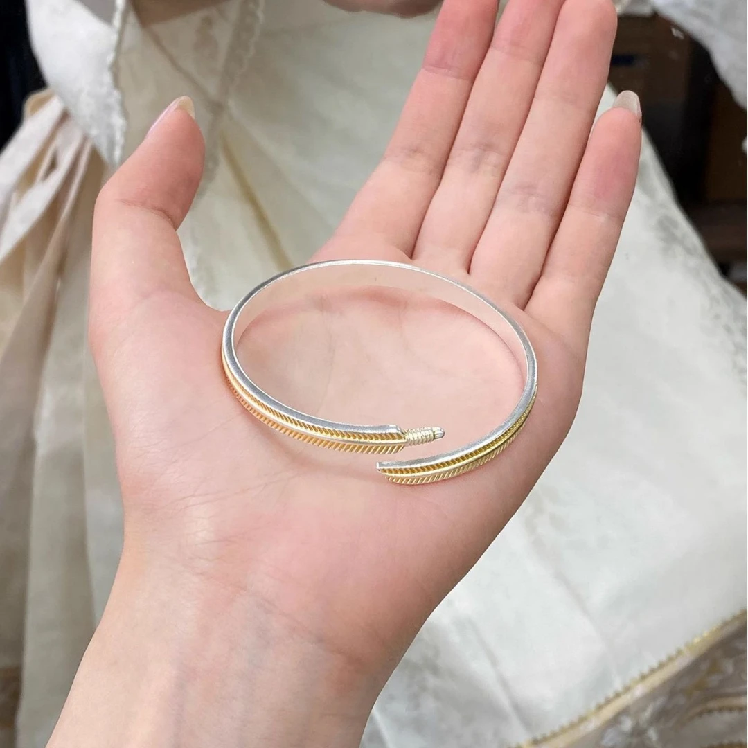 足银手镯 羽毛描金银手镯女款时尚新中式金羽手环小众轻奢礼