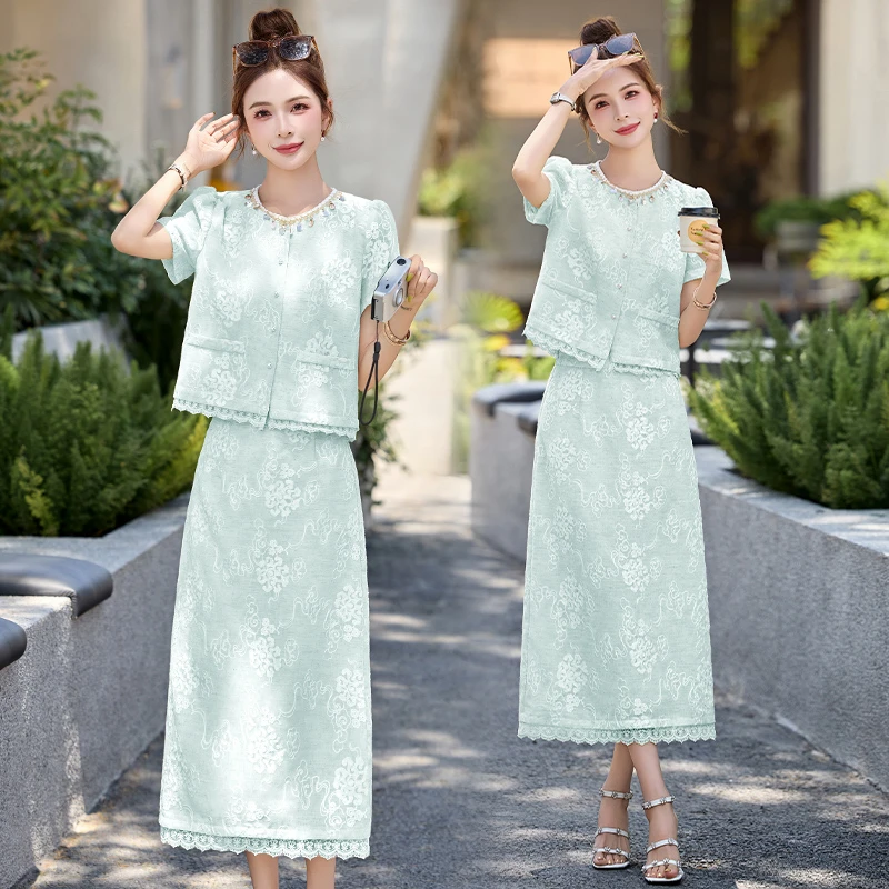 小香风名媛气质高级感刺绣洋气温柔风蕾丝上衣半身裙两件套夏季