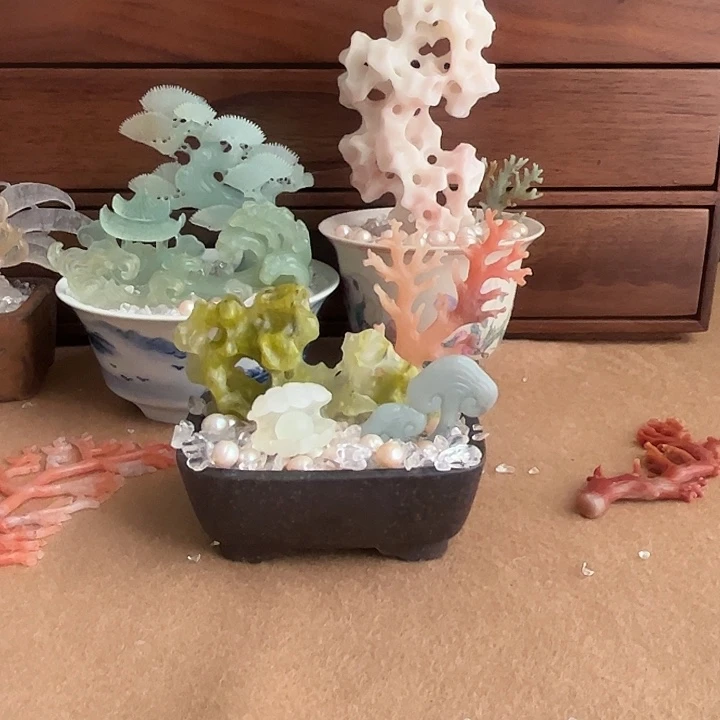 莲***珊印石昌化石盆景一套