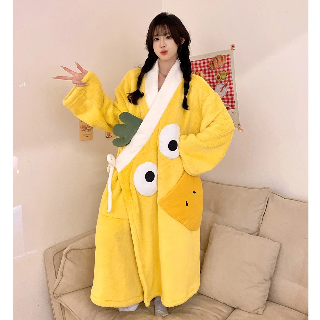 大黄鸭珊瑚绒睡袍少女睡衣秋冬季加绒加厚可爱长款浴衣搞怪家居服