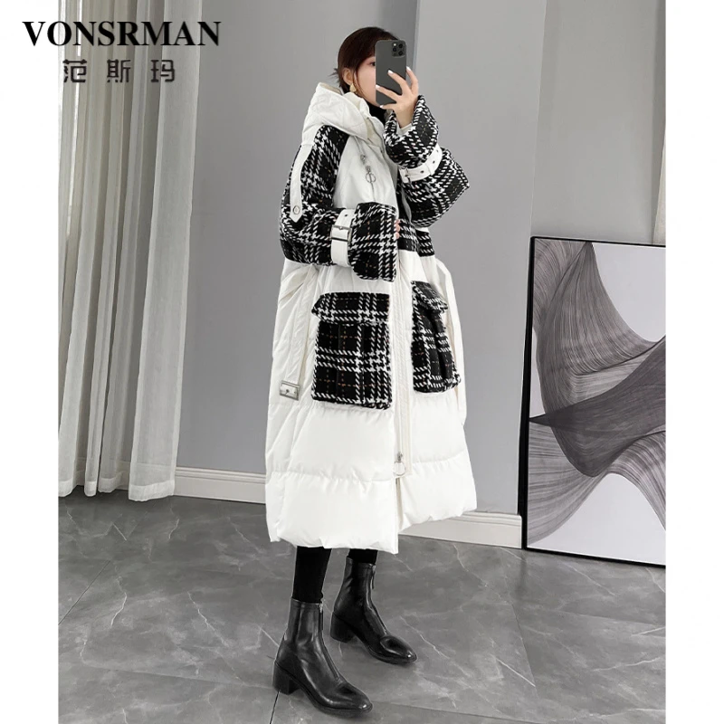格子拼接羽绒服女长款冬季2025新款高端气质连帽收腰显瘦保暖外套