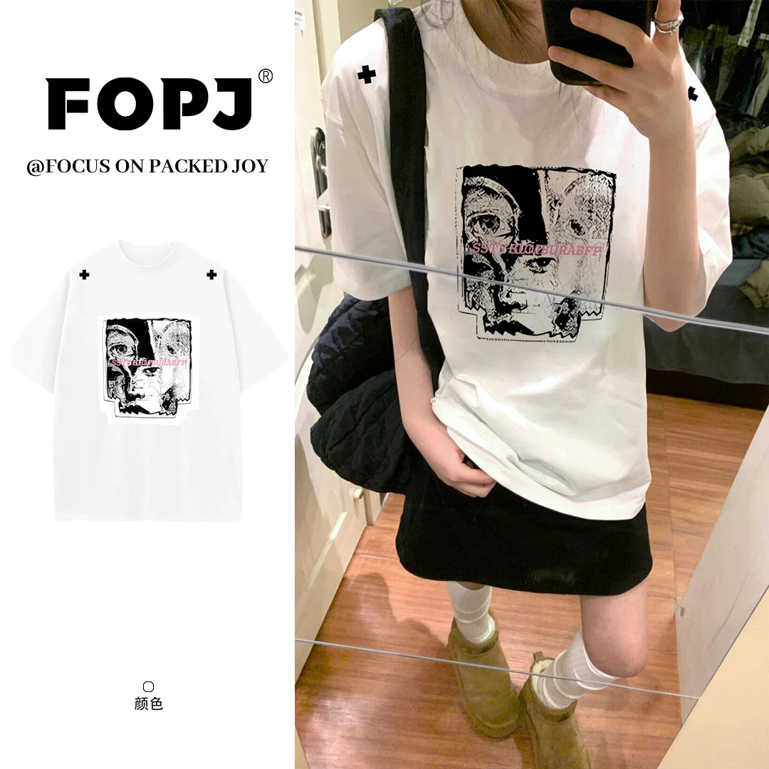 FOPJ美式复古短袖t恤女夏季新款重磅纯棉休闲时尚百搭圆领上衣潮