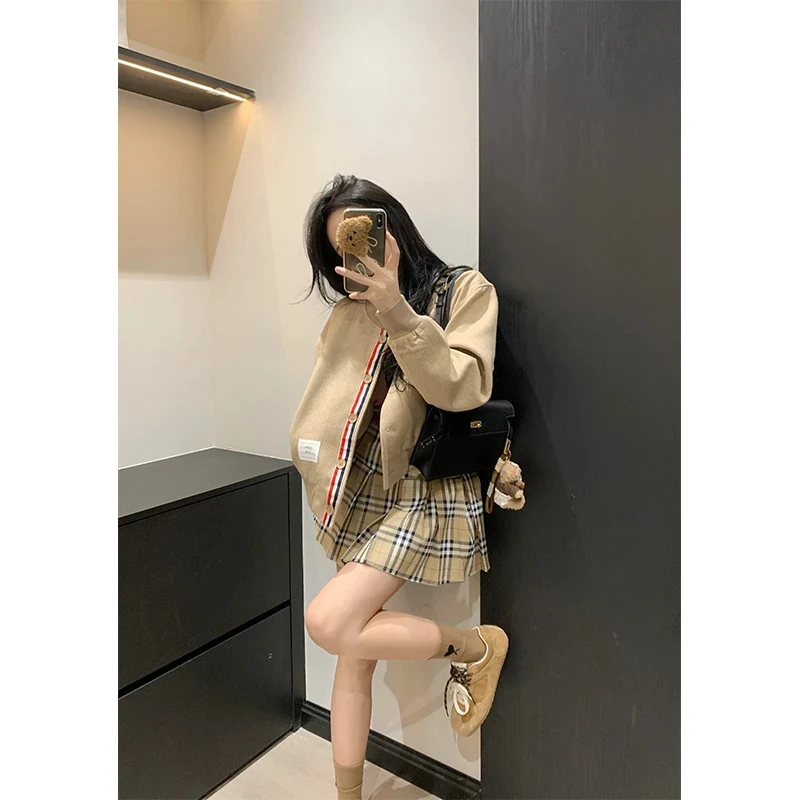 2025春季新款韩系学院风休闲百搭长袖外套高腰格子百褶短裙套装女
