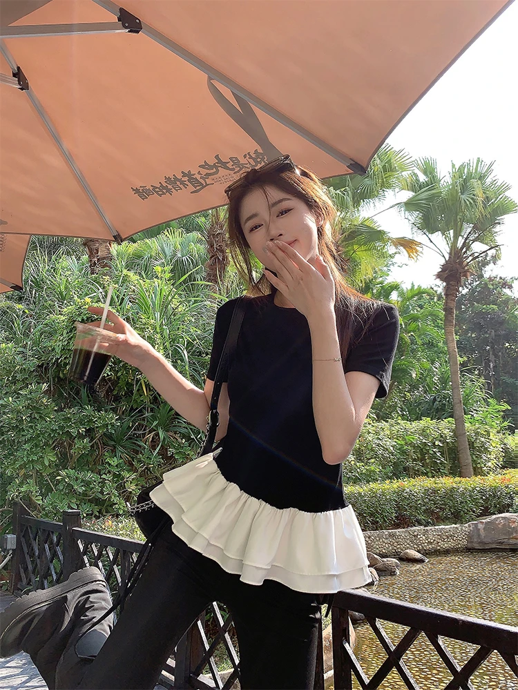 小众蓬蓬花边拼接假两件短袖T恤女夏季荷叶边设计感圆领修身上衣