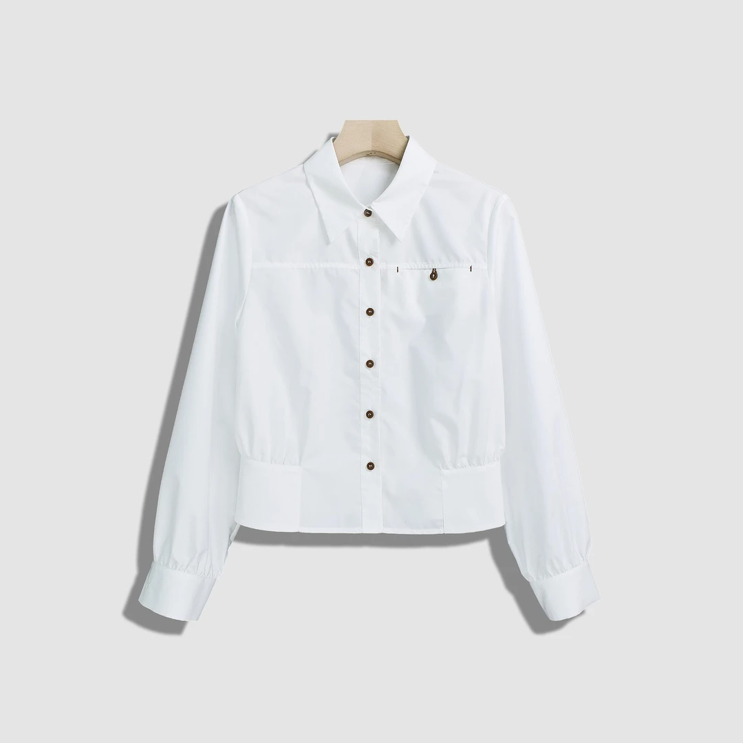 【越越】翻领单排扣时尚短款衬衫-Y14536