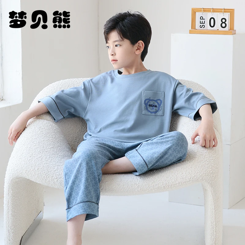 梦贝熊睡衣男童新款夏季薄款纯棉圆领短袖七分裤全棉儿童家居服