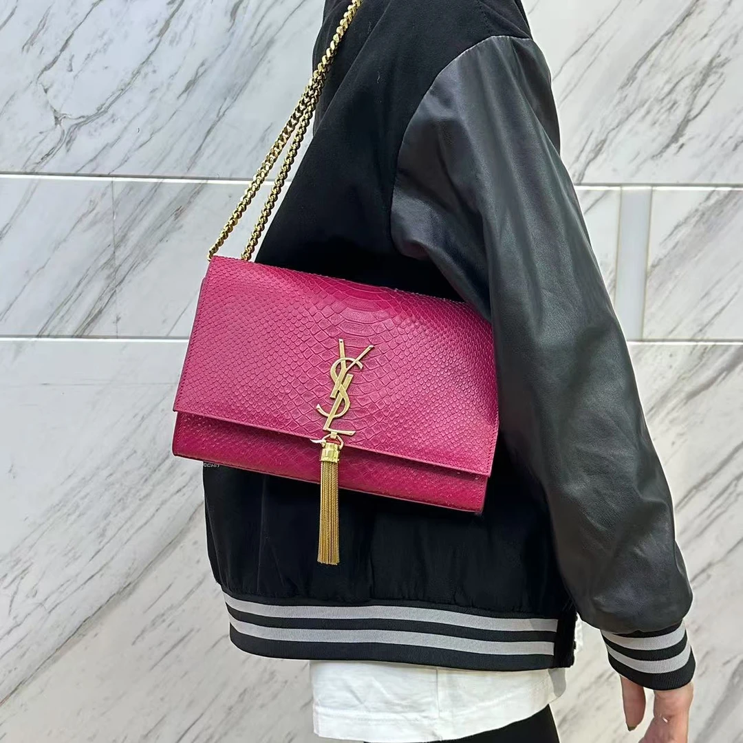 95新 YSL/圣罗兰 粉金kate流苏蛇皮纹链条包/云海优选/H21338