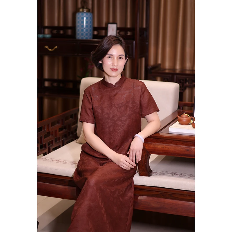 【京华苏艺】红云纱桑蚕丝手工四经绞罗中式连衣裙红棕色-68482