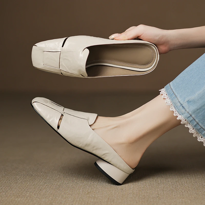 真皮编织包头半拖鞋女外穿夏季凉拖懒人鞋粗跟穆勒鞋一脚蹬女鞋