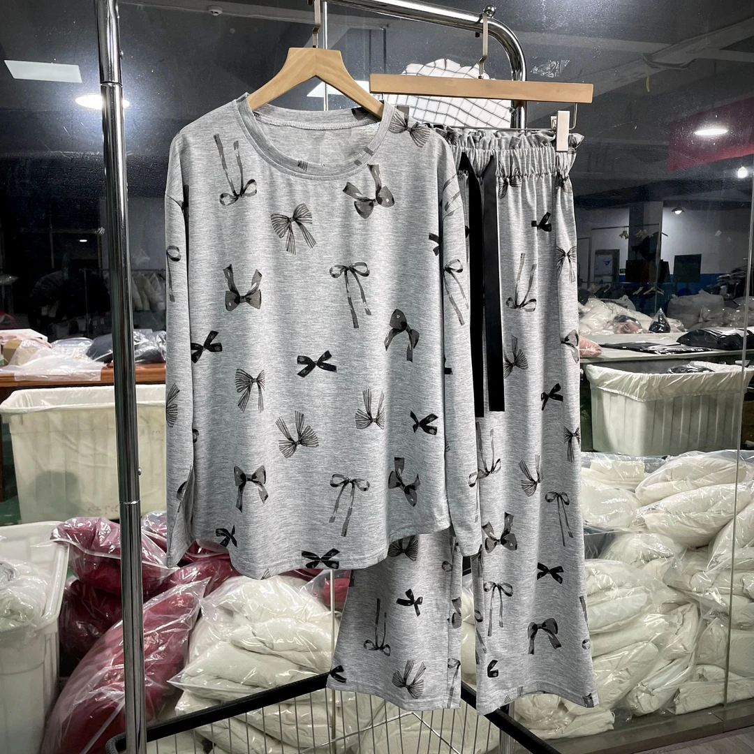 日系蝴蝶结春秋季高级感睡衣女纯棉长袖新款宽松设计感家居服套装