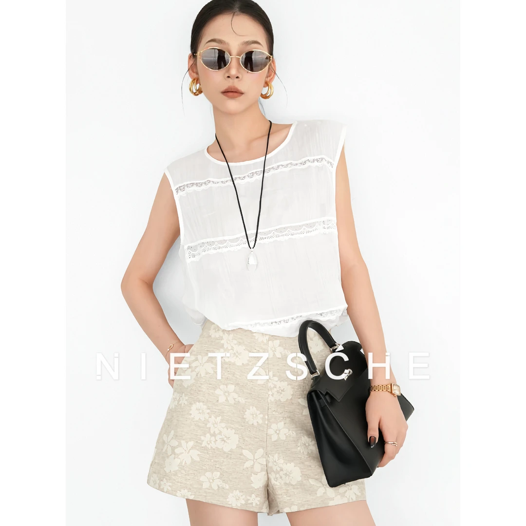Nietzsche｜清风白茶｜1oo%苎麻 蕾丝拼接 氛围感凉凉上衣背心50079