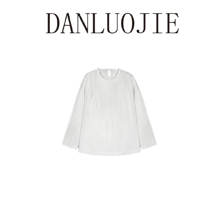 丹珞婕 奶油蛋糕 60支100棉压褶刺绣时尚春夏花边领衬衫