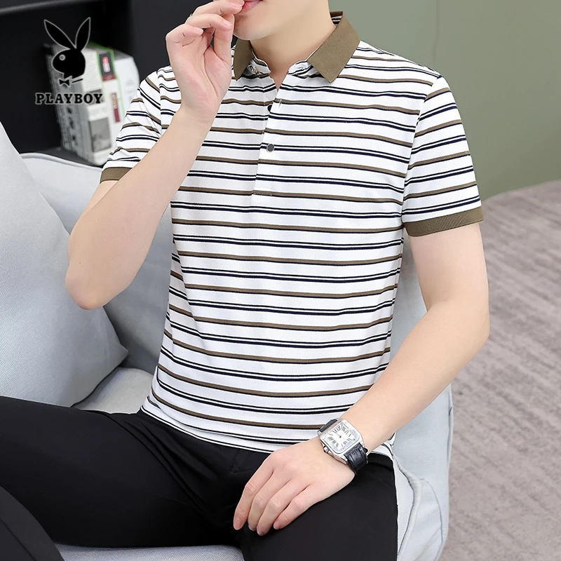 花花公子条纹POLO衫男士短袖t恤夏季休闲时尚高端潮牌修身上衣服