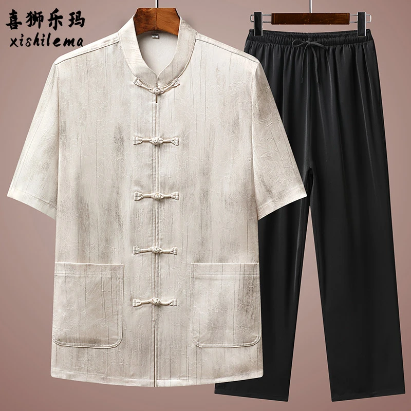 喜狮乐玛中式唐装套装2025夏新款商务休闲爸爸宽松透气短袖两件套