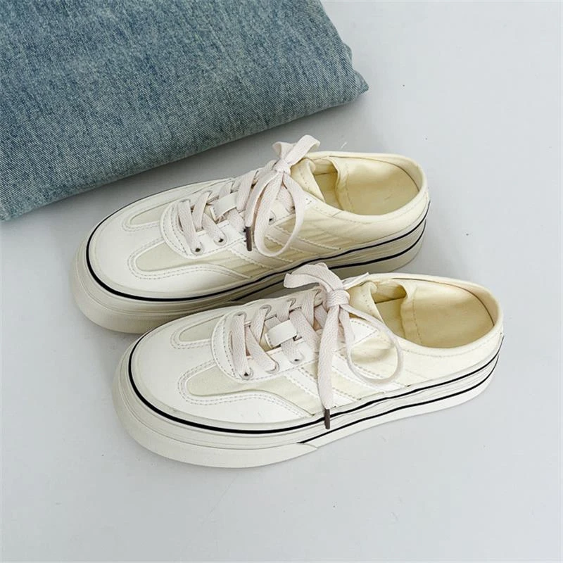 夏季透气薄款帆布鞋半拖女鞋踩跟两穿鞋子半托踩脚板鞋小白鞋