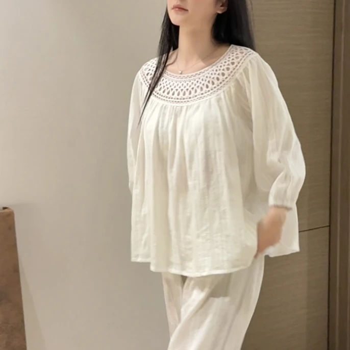 〈南法邂逅〉法式优雅圆领镂空纯棉家居服套装