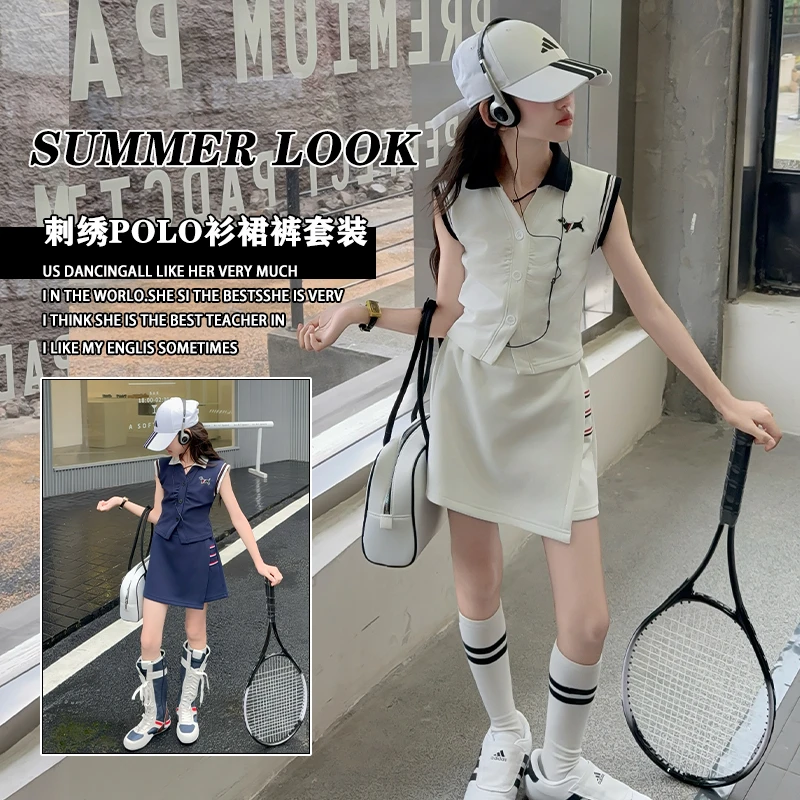 2025夏季新款女童中大童洋气时尚无袖POLO衫套装女大童休闲套装潮
