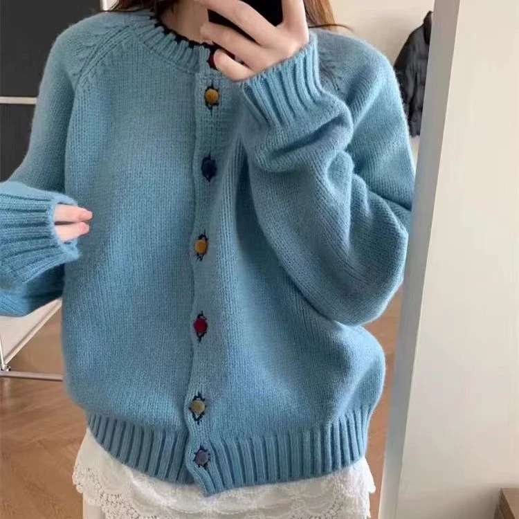 韩系彩扣设计感洋气针织开衫女2025秋冬新款宽松软糯百搭毛衣外套