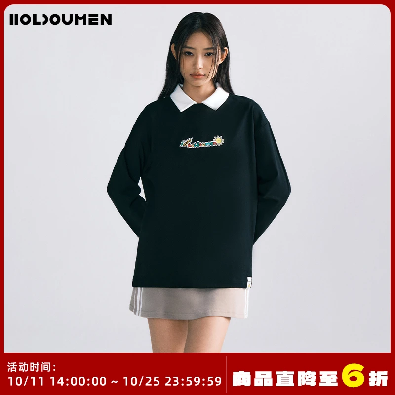 Holdoumen25春夏日常系列贴纸图案圆领长袖T恤