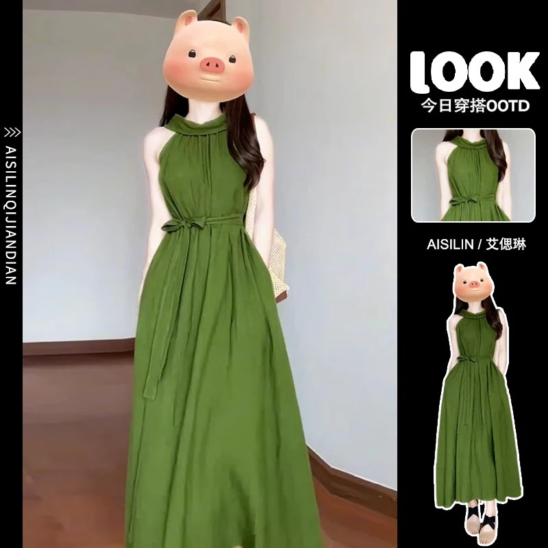 2025夏季法式挂脖式气质收腰慵懒风度假连衣裙森系显白露肩长裙子